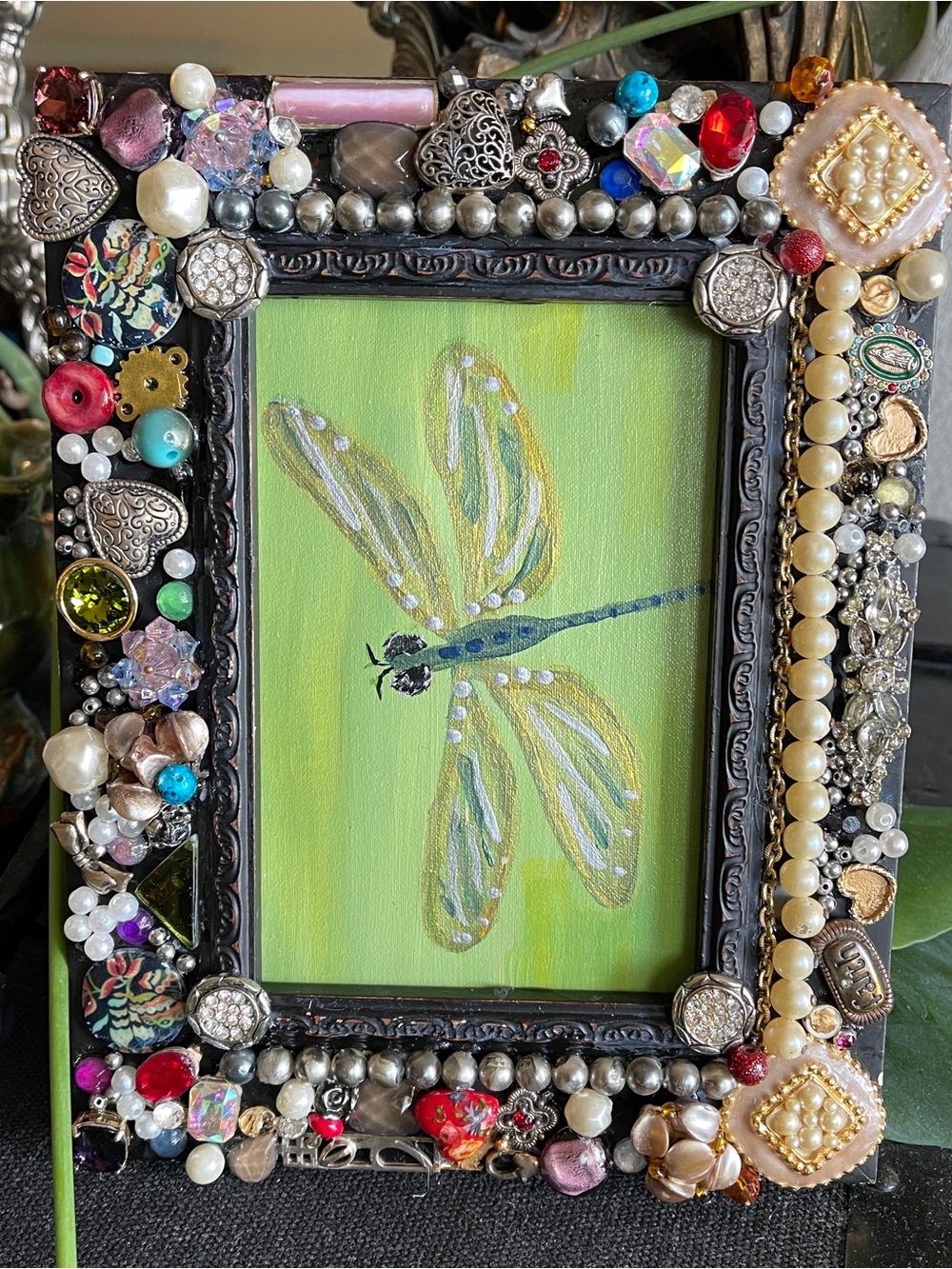 OOAK Original Dragonfly Art Painting in Embellished Frame 7”x9”